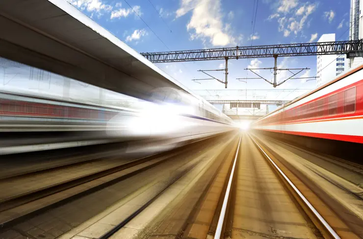two modern high speed train with motion blur