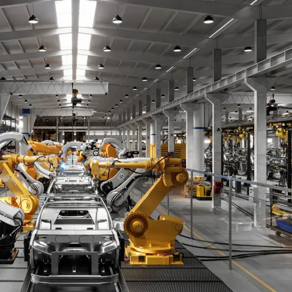Robotic welding production line in car factory. Computer generated image of a vehicle manufacturing company.
