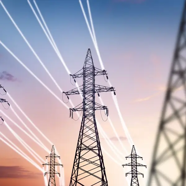 high-voltage power pylons with luminous wires against the backdrop of the sunset sky. energy infrastructure concept