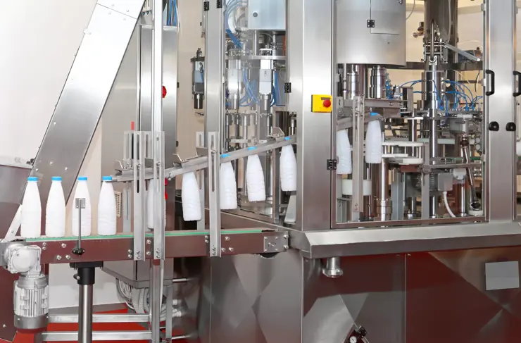 Production automatisée de boissons, les bouteilles de lait quittent le remplissage par gravité & fermeture supérieure pour l'horodatage