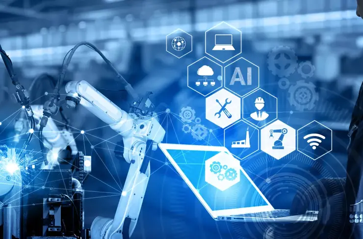 Bras robotisés industriels intelligents pour la technologie de production en usine numérique montrant le processus de fabrication automatisé de l'industrie 4.0 ou de la 4e révolution industrielle et le logiciel IOT pour contrôler le fonctionnement.
