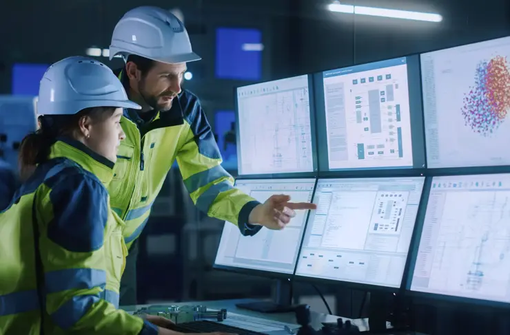 Usine moderne Industrie 4.0 : un chef de projet s'entretient avec une ingénieure qui lui montre des écrans d'ordinateur montrant des plans complexes de conception électronique industrielle. Ils ont trouvé la solution au problème.
