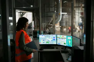 female supervisor controlling automatic production system in wood factory