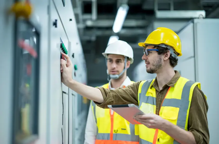 Elektrotechniker im Industrieservice stehen nebeneinander und tauschen sich vor einer Schalttafel aus. Konzept des Energiemanagementsystems (EMS).