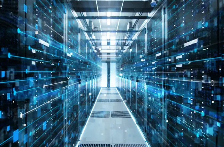 Shot of Corridor in Working Data Center Full of Rack Servers and Supercomputers with High Internet Visualisation Projection.