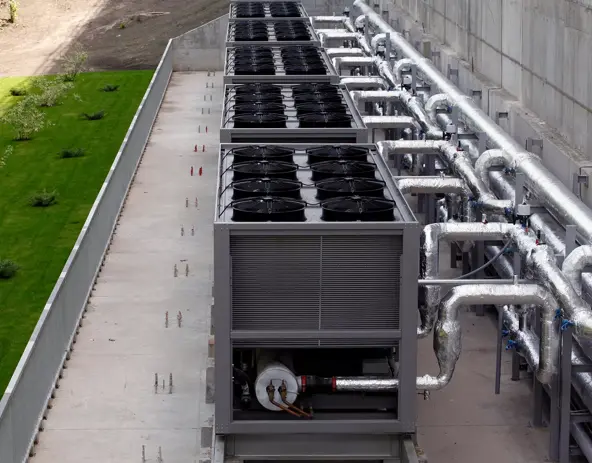 Air chiller. Sets of cooling towers in data center building.