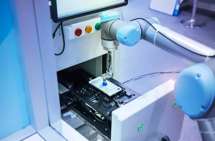 robot with vacuum suckers with conveyor in manufacture phone factory,Smart factory industry 4.0 concept.
