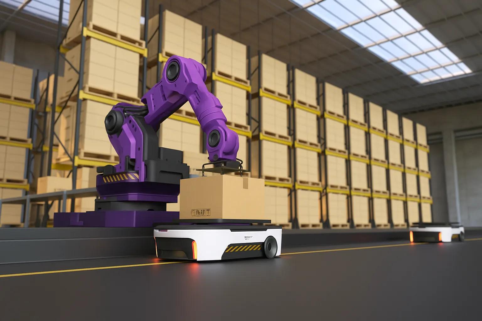 a warehouse with robots and cobots moving packges