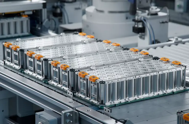 Lithium-ion High-voltage Battery Component for Electric Vehicle or Hybrid Car. Battery Module for Automotive Industry on Production Line. High Capacity Battery Production inside a Factory.