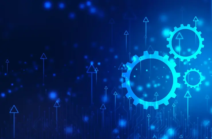 Prozessmanagement, Optimierungsbetrieb, Fix-Strategie-Branche, Getriebezahnrad, Software-Update-Status, Zahnrad mit Pfeilen vor abstraktem Technologiehintergrund