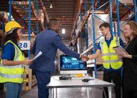A group of employees celebrating the success In a large modern warehouse.
