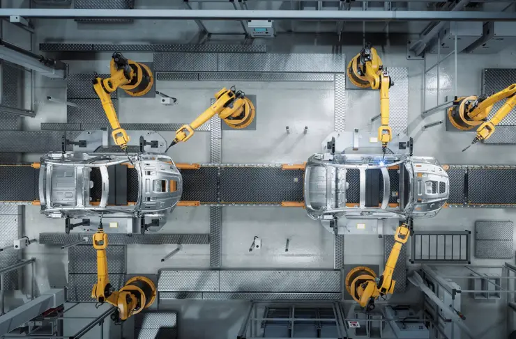 Aerial Car Factory 3D Render: Automated Robot Arm Assembly Line Manufacturing Advanced High-Tech Green Energy Electric Vehicles. Construction, Building, Welding Industrial Production Conveyor