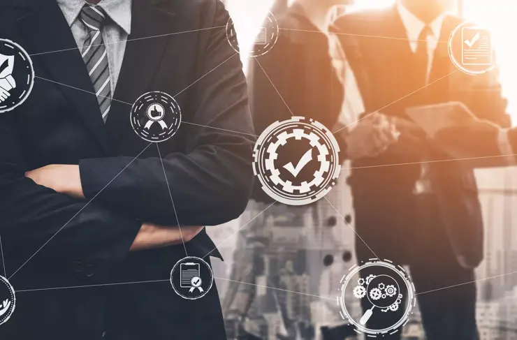 Quality Assurance and Quality Control Concept - Modern graphic interface showing certified standard process, product warranty and quality improvement technology for satisfaction of customer.
