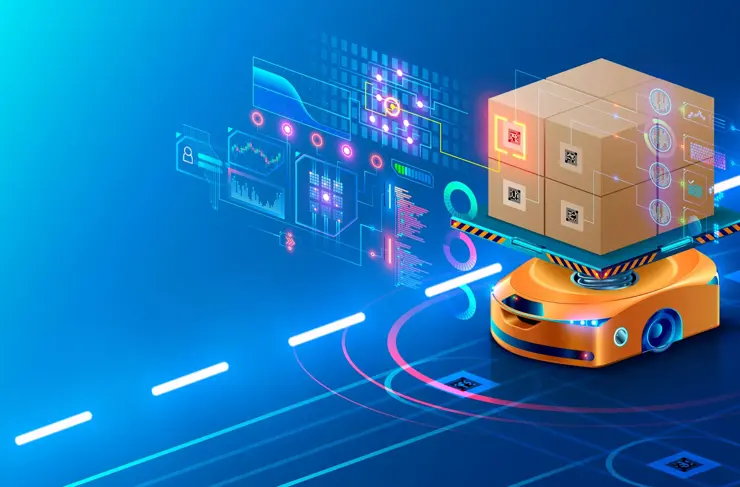 Technologie d’entrepôt intelligent. Un robot automatisé livre une commande dans un entrepôt automatisé intelligent. Essaim de robots dans l’industrie logistique. L’IA achemine les rovers autonomes et gère un entrepôt intelligent.