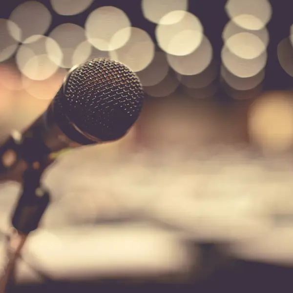 Micro en concert sur la grande scène du centre commercial.