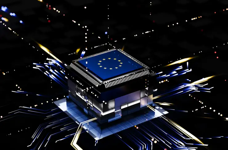 Horizon technologique : La puce aux couleurs du drapeau européen s'élève à travers un océan de circuits futuristes