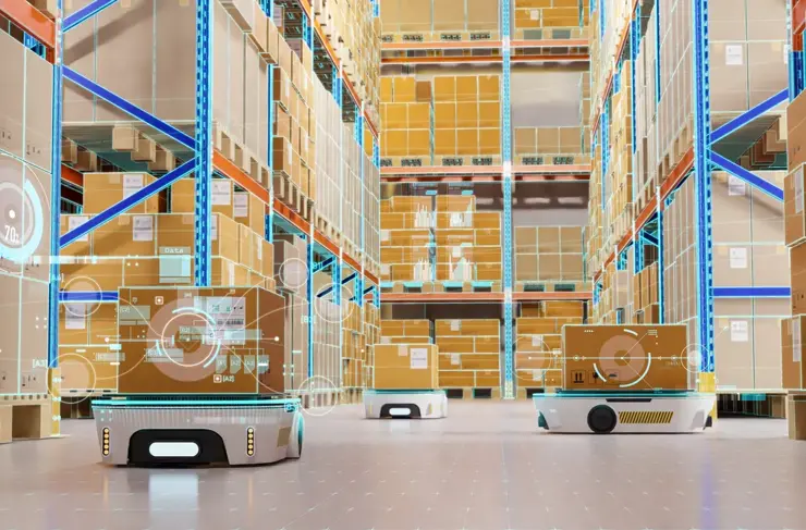 Concept of smart factory and 5G for industrial. Autonomous Robotic transportation or Automated guided vehicle systems(AGV) operating transfer box in automated warehouses.3d rendering and illustration
