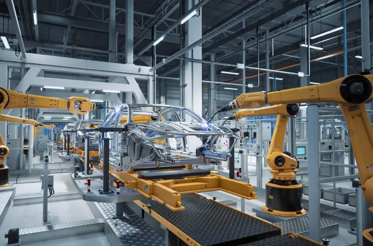 Car Factory 3D Concept: Automated Robot Arm Assembly Line Manufacturing High-Tech Green Energy Electric Vehicles. Automatic Construction, Building, Welding Industrial Production Conveyor.