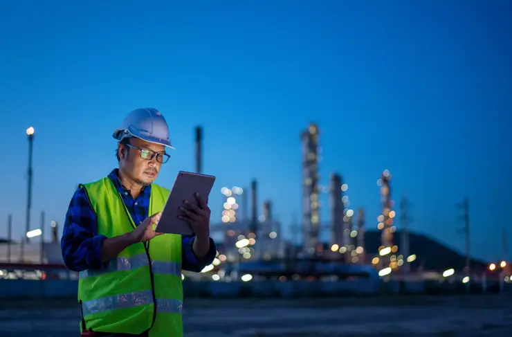 Ingénieur portant une veste et un casque de sécurité regardant une tablette dans ses mains sur fond d'usine de raffinerie de pétrole au crépuscule.