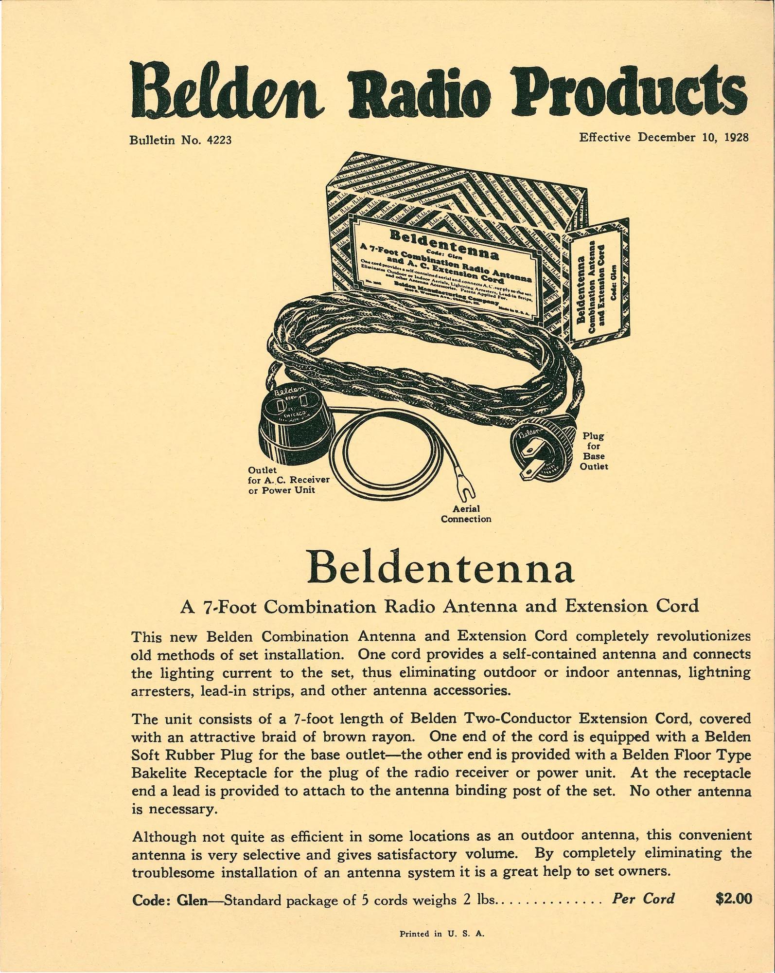 1928 advertisement for Belden antenna cable.