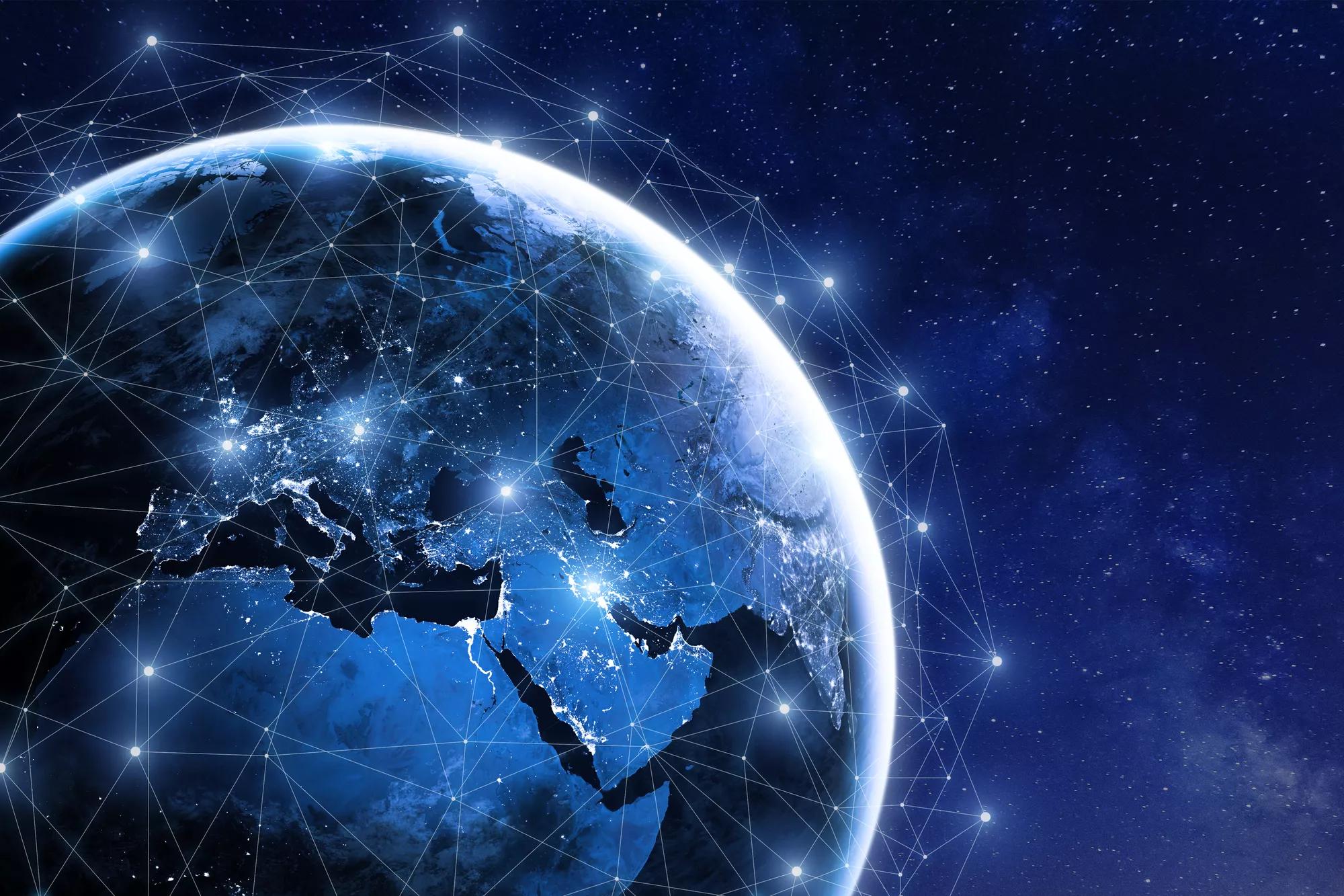 Earth covered by a connectivity mesh, Cyber security, industrial Networking, IoT, IIoT