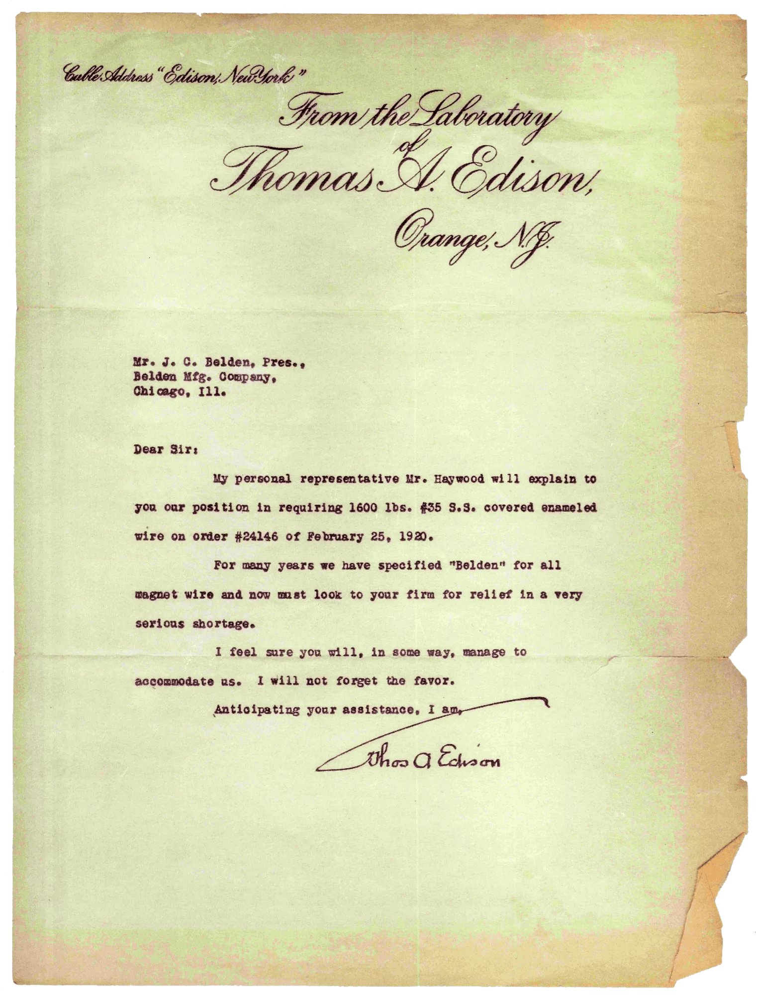 Première lettre de Thomas Edison à Joseph Belden demandant des fils/câbles supplémentaires.