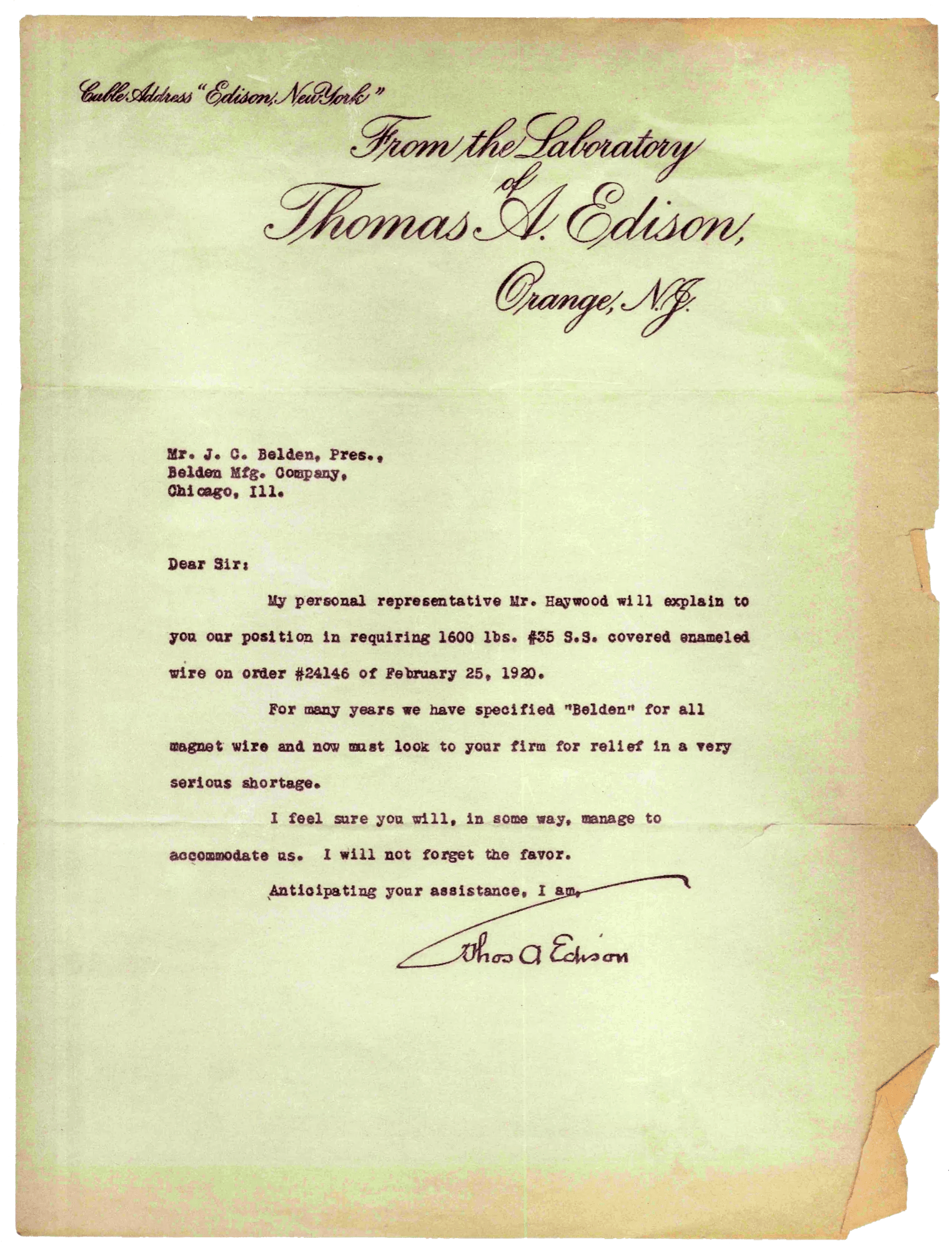 Early letter from Thomas Edison to Joseph Belden requesting additional wire/cable.