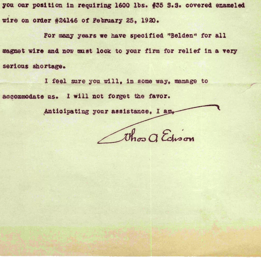 Early letter from Thomas Edison to Joseph Belden requesting additional wire/cable.