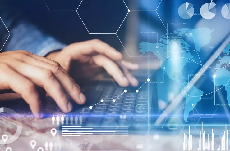 Concept of virtual diagram,graph interfaces,digital display,connections,statistics icons.Male hands typing on dock keyboard contemporary electronic tablet.Blurred background. Horizontal