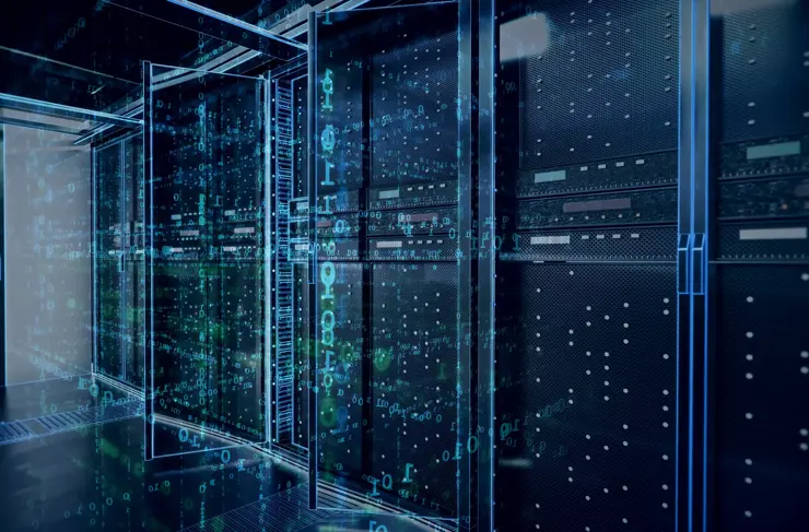 Salle de serveurs réseau avec ordinateurs pour les communications numériques et Internet, concept de données abstrait, rendu 3D.