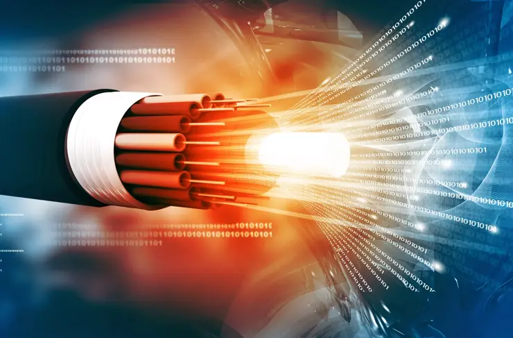 Câble à fibre optique avec codes binaires. Illustration 3D 	
