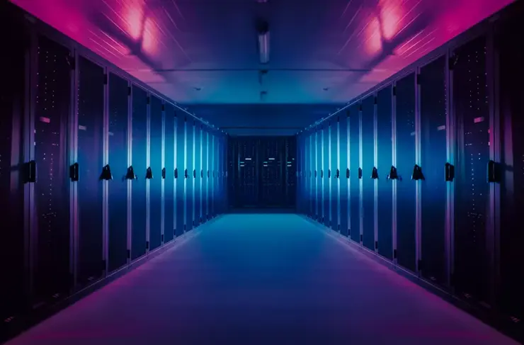 Wide-Angle Panorama Shot of a Working Data Center With Rows of Rack Servers. Red Emergency Led Lights Blinking and Computers are Working. Dark Ambient Light.