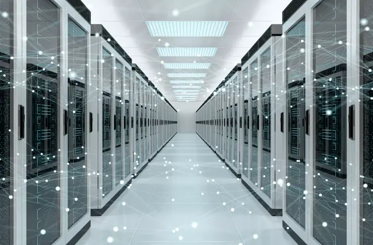 Server room center exchanging cyber datas and connections 3D rendering