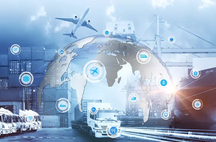 Smartes Technologiekonzept mit globaler Logistikpartnerschaft, Industriecontainer, Frachtschiff, Internet der Dinge, Konzept des schnellen oder sofortigen Versands, Online-Warenbestellungen weltweit