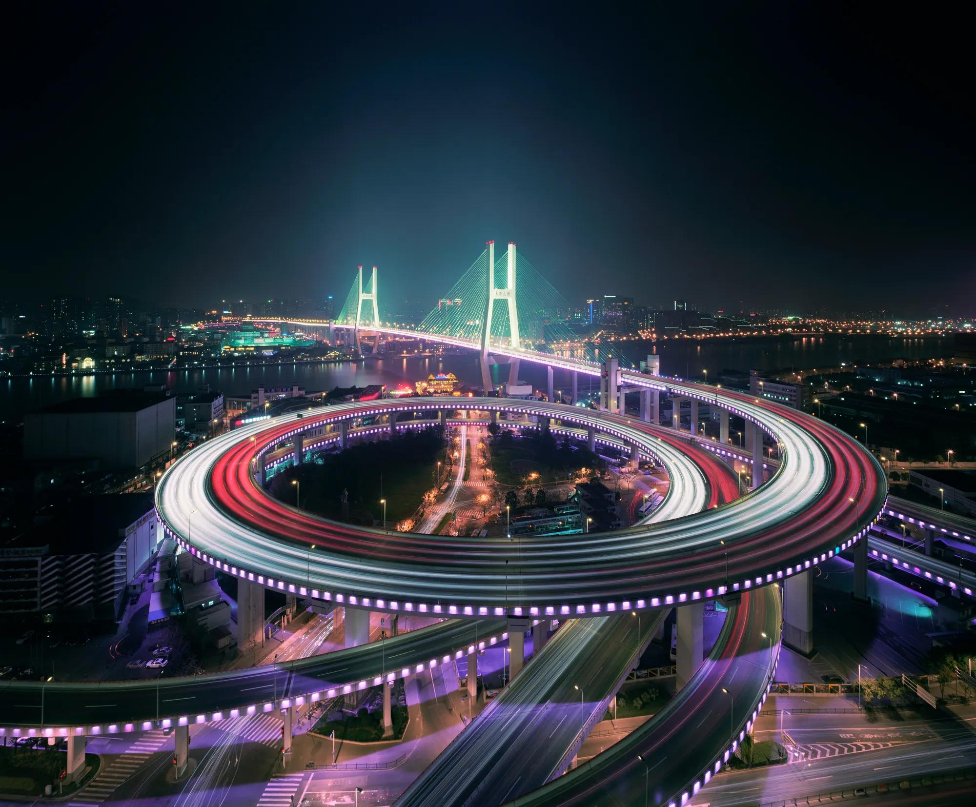 Shanghai's Nanpu bridge illuminated at night