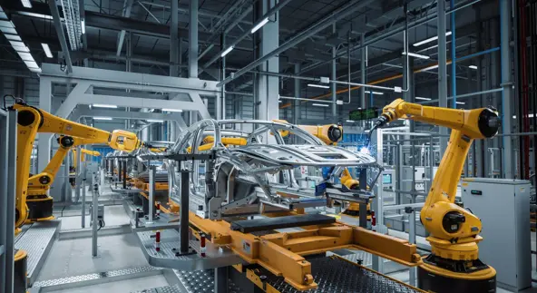 Car Factory 3D Render: Automated Robot Arm Assembly Line Manufacturing Advanced High-Tech Green Energy Electric Vehicles. Construction, Building, Welding Industrial Production Conveyor. Close-up