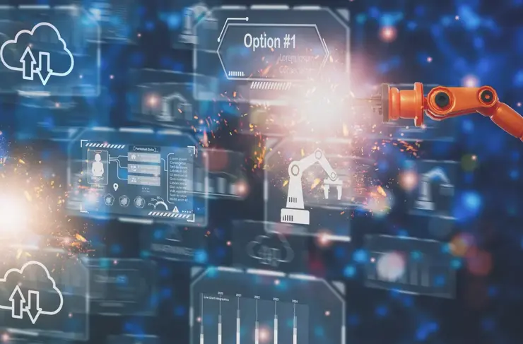 Concept futuriste pour entreprise et industrie 4.0 usine de technologie moderne, bras de robot automatisé dans une usine industrielle connectée, ligne de production contrôlée par robot, contrôleur par intelligence artificielle ou IA