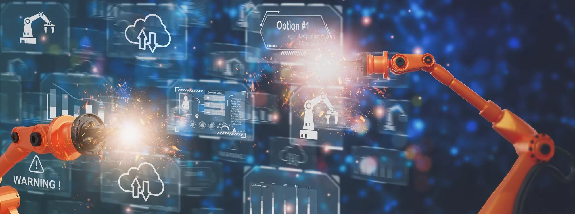 Futuristic concept business and industry 4.0 modern technology factory,smart Industrial plant automation arm robot,robot control production line,controller by Artificial intelligence or AI