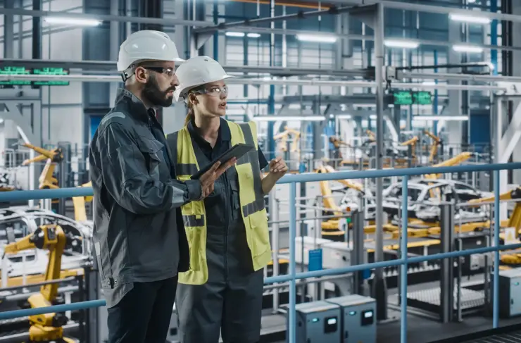 Male Specialist and Female Car Factory Engineer in High Visibility Vests Using Tablet Computer. Automotive Industrial Manufacturing Facility Working on Vehicle Production. Diversity on Assembly Plant.