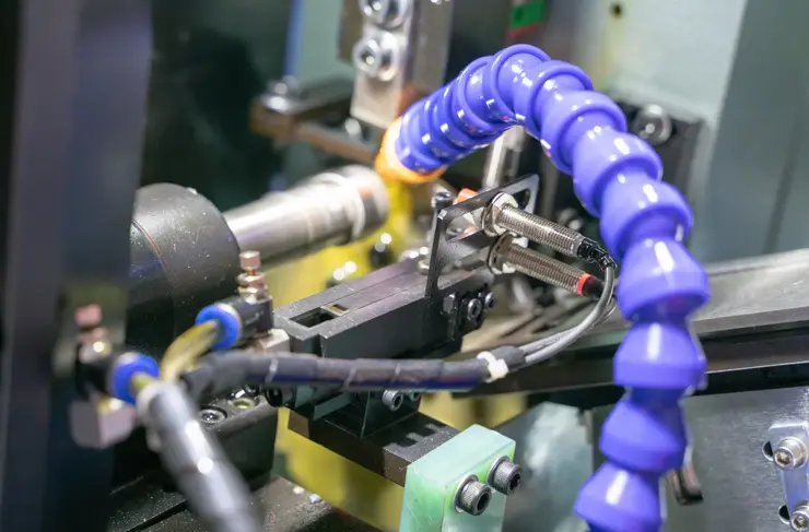 closeup view of lathe machine during working