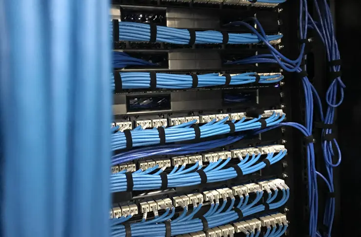 Ethernet cables in rack cabinet,UTP cables from a patch panel in the Datacenter room.
