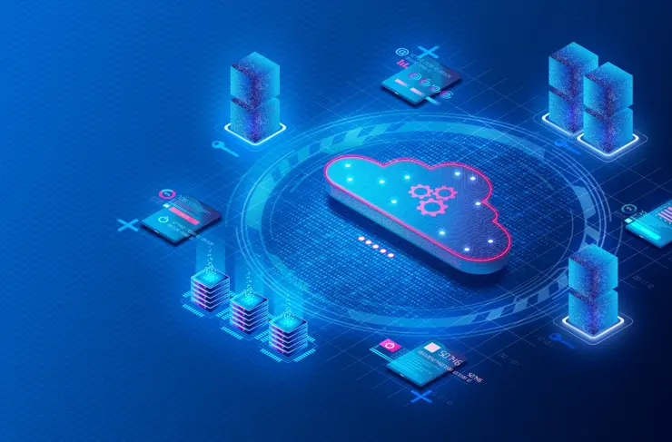 Concept de système de gestion de base de données dans le cloud - Bases de données natives du cloud - Appareils et bases de données entourant le cloud numérique - Illustration 3D
