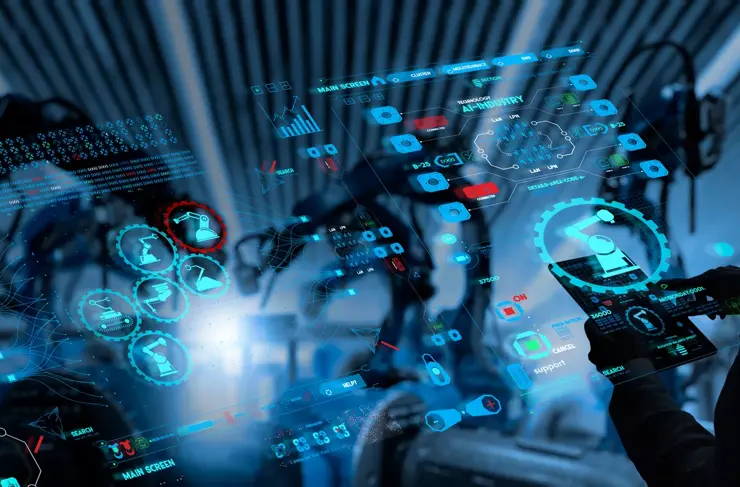 Factory Female Industrial Engineer working with automation robot arms machine in intelligent factory industrial on real time monitoring system software.Digital future manufacture.