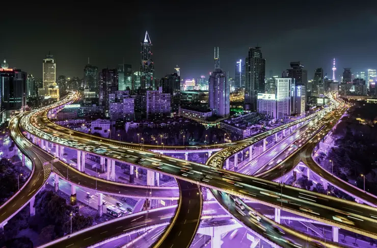 Shanghai busy road intersection at night