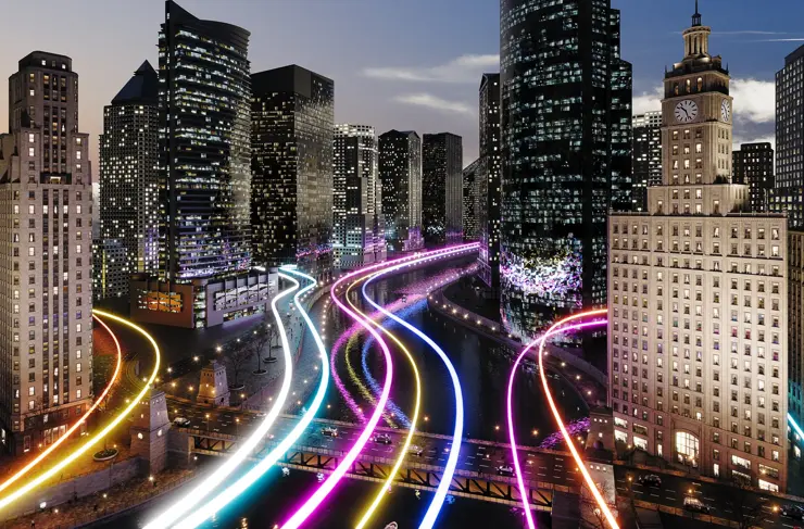 Glowing light trails surround the smart city. (3d render)