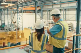 Des employés du secteur de la logistique vérifient les stocks sur tablette, inspectent une usine et organisent un entrepôt ensemble. Des collègues, hommes et femmes, discutent, examinent un bâtiment et travaillent dans un entrepôt.