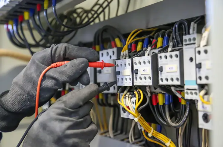 Electrical engineer using digital multi-meter measuring equipment to checking electric current voltage at circuit breaker and cable wiring system in main power distribution board.