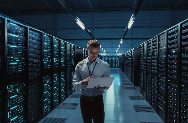 Concept futuriste : Le directeur technique d’un centre de données Big Data tient un ordinateur portable, debout dans un entrepôt, des lignes de numérisation d’informations circulent en continu à travers les serveurs. SAAS, Cloud Computing, Services Web