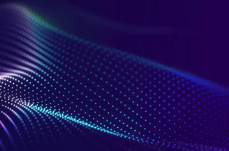 Abstrakter Wellenhintergrund mit vielen leuchtenden Partikeln. Musikalische Welle. Hintergrund im Bereich digitale Netzwerke. 3D-Rendering.