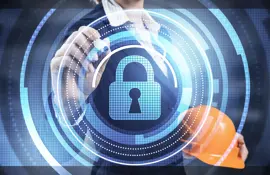 Industrial professional in background holds safety hat with digital lock extending in foreground